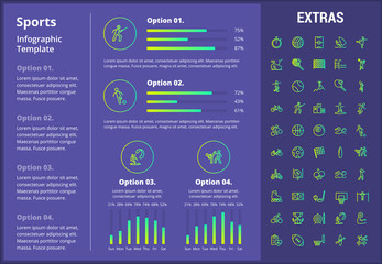 Sports infographic template, elements and icons. Infograph includes customizable graphs, four options, line icon set with sport equipment, sports field, competitive games, champion pedestal etc.