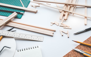 Worktable with balsa wood material.Diy,design project,invention concept .