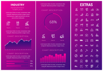 Industry infographic template, elements and icons. Infograph includes customizable graphs, charts, line icon set with mining equipment, fossil fuel, manufacturing industry, nuclear power plant etc.