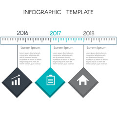 Colorful timeline infographic from squares. Template for graphics, presentation, business, web design, reports. Chart with 3 steps. With space for text and icons. Slide Template