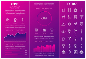 Drink infographic template, elements and icons. Infograph includes customizable graphs, charts, line icon set with bar drinks, alcohol beverage, variety of glasses, non-alcoholic beverages etc.