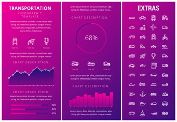 Transportation infographic template, elements and icons. Infograph includes customizable graphs, charts, line icon set with transport vehicle, truck trailer, airplane flight, car, bus, train etc.