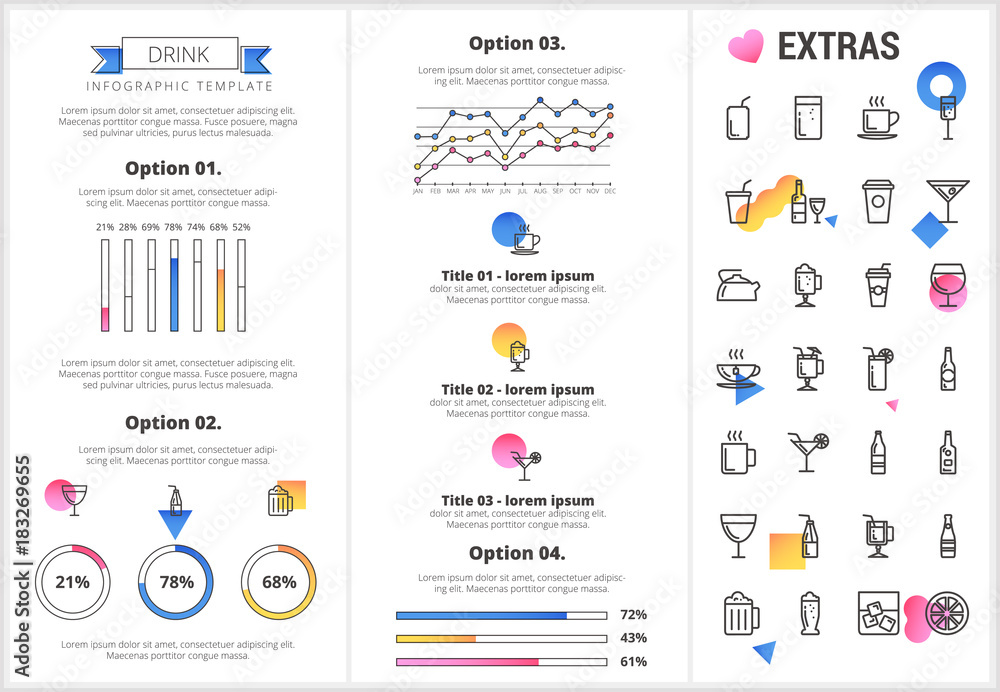 Wall mural Drink infographic template, elements and icons. Infograph includes customizable graphs, four options, line icon set with bar drinks, alcohol beverage, variety of glasses, non-alcoholic beverages etc.