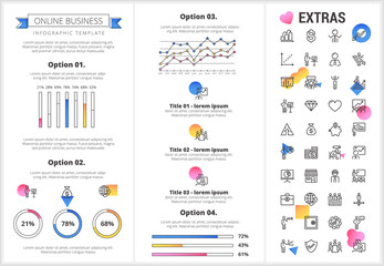 Online business infographic template, elements and icons. Infograph includes customizable graphs, four options, line icon set with stack of money, online market, business worker, mobile shop etc.
