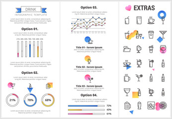 Drink infographic template, elements and icons. Infograph includes customizable graphs, four options, line icon set with bar drinks, alcohol beverage, variety of glasses, non-alcoholic beverages etc.