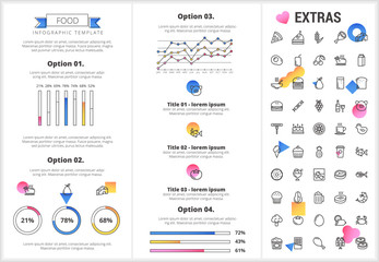 Food infographic template, elements and icons. Infograph includes customizable graphs, four options, line icon set with food ingredients, restaurant meal, fruit and vegetables, snacks, fast food etc.