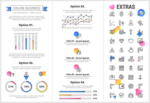 Online business infographic template, elements and icons. Infograph includes customizable graphs, four options, line icon set with stack of money, online market, business worker, mobile shop etc.