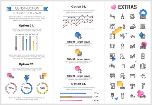Construction infographic template, elements and icons. Infograph includes customizable graphs, four options, line icon set with construction worker, builder tools, repair person, house building etc.