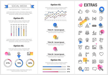 Social media infographic template, elements and icons. Infograph includes customizable graphs, four options, line icon set with social media, global network, electronic mail, internet technology etc.