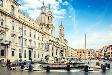 Fototapeta na wymiar The famous Navona square /Piazza Navona/. Sant' Agnese church and La Fontana del Moro in front.
