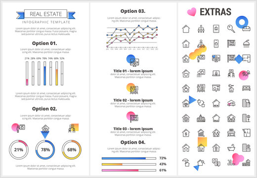 Real estate infographic template, elements and icons. Infograph includes customizable graphs, options, line icon set with real estate agent, architecture engineering, investment broker, realtor etc.