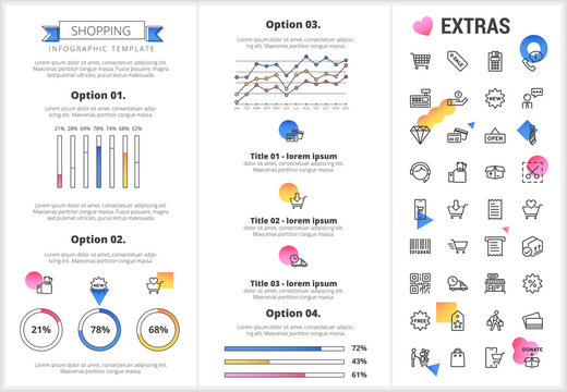 Shopping infographic template, elements and icons. Infograph includes customizable graphs, four options, line icon set with shopping cart, online store, mobile shop, price tag, retail business etc.