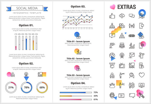 Social media infographic template, elements and icons. Infograph includes customizable graphs, four options, line icon set with social media, global network, electronic mail, internet technology etc.
