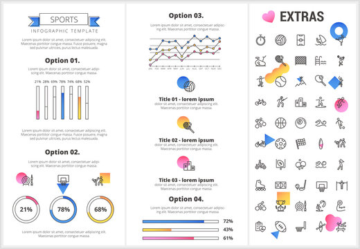 Sports infographic template, elements and icons. Infograph includes customizable graphs, four options, line icon set with sport equipment, sports field, competitive games, champion pedestal etc.