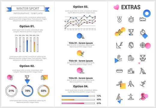 Winter sport infographic template, elements and icons. Infograph includes customizable graphs, four options, line icon set with sport equipment, trophy, team games, champion pedestal, athlete etc.
