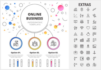 Online business circle infographic template, elements and icons. Infograph includes customizable bar charts, graphs, line icon set with stack of money, online market, business worker, mobile shop etc.