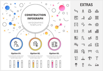 Construction circle infographic template, elements and icons. Infograph includes customizable bar charts, line icon set with construction worker, builder tools, repair person, house building etc.