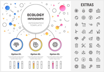 Ecology circle infographic template, elements and icons. Infograph includes customizable bar charts, graphs, line icon set with resources of green energy, environmental cycle, water and sun power etc.