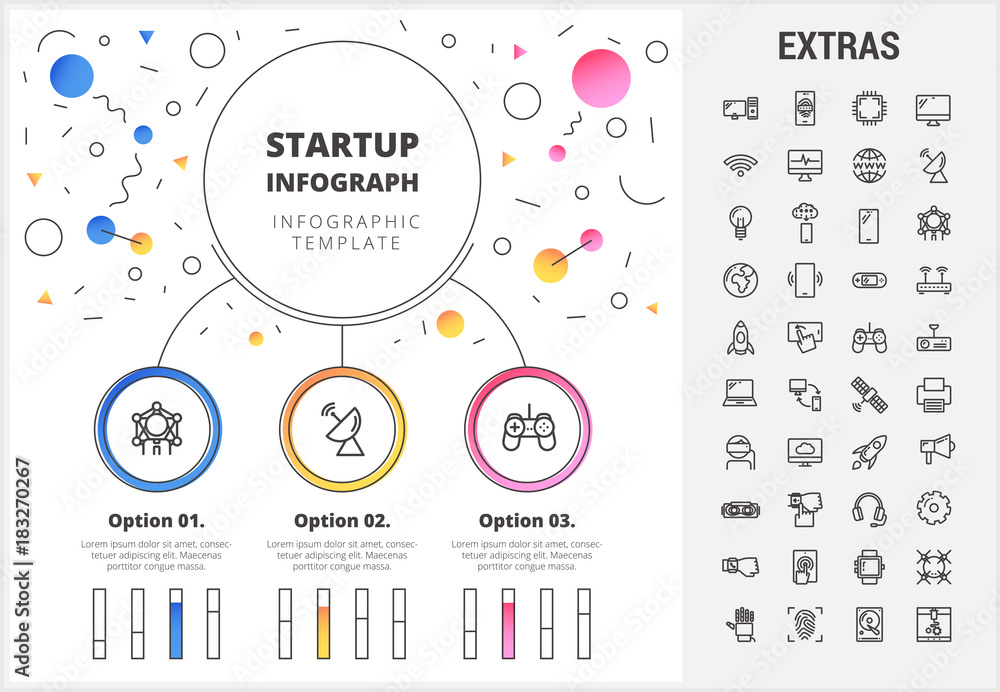 Poster startup circle infographic template, elements and icons. infograph includes customizable bar charts,