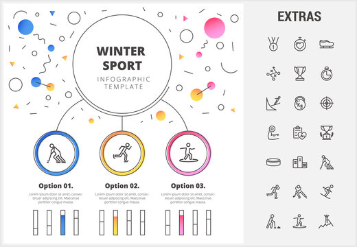 Winter sport circle infographic template, elements and icons. Infograph includes customizable bar charts, graphs, line icon set with sport equipment, trophy, team games, champion pedestal, athlete etc