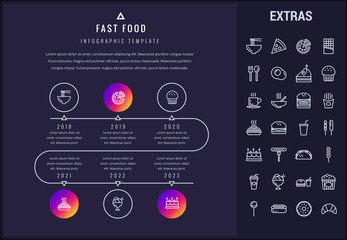 Fast food timeline infographic template, elements and icons. Infograph includes years, line icon set with fast food, pizza, sweet snacks, restaurant meal, unhealthy nutrition, kitchen utensils etc.