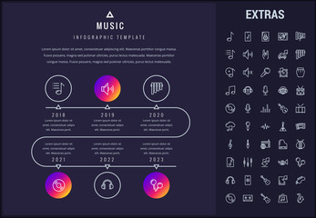 Music timeline infographic template, elements and icons. Infograph includes years, line icon set with musical instruments, music notes, smartphone with mobile application, vinyl record, equalizer etc.