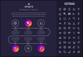 Sports timeline infographic template, elements and icons. Infograph includes line icon set with sport equipment, sports field, competitive games, pedestal, leisure activities, training exercise etc.