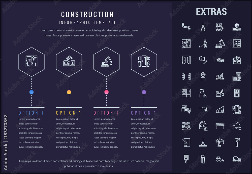 Sticker Construction options infographic template, elements and icons. Infograph includes line icon set with construction worker, builder tools, repair person, house building, building project etc.