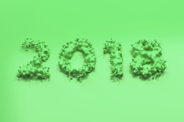 Liquid green 2018 number with drops on green background