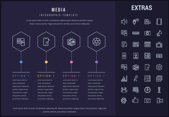 Media options infographic template, elements and icons. Infograph includes line icon set with global social media, user profile, tv broadcast, music note, microphone, vinyl record, video camera etc.