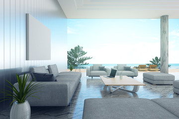 3d rendering : illustration of interior living room and swimming pool in house or resort. Beach living with Sea view. white modern interior furnish decoration style. soft light color picture style