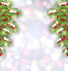 Christmas Background with Fir Tree Branches, Glowing Banner for Happy New Year