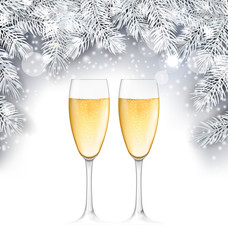 Champagne Glass, Christmas Background with Silver Twigs