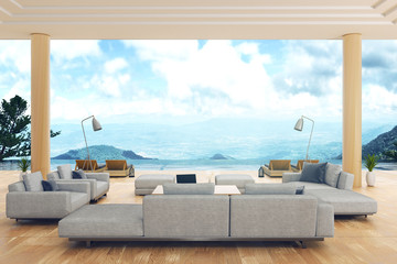 Fototapeta na wymiar 3d rendering : illustration of interior living room and swimming pool in house or resort. living room with mountian view. white modern interior furnish decoration style. soft light color picture style