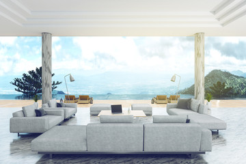 Naklejka na ściany i meble 3d rendering : illustration of interior living room and swimming pool in house or resort. living room with mountian view. white modern interior furnish decoration style. soft light color picture style