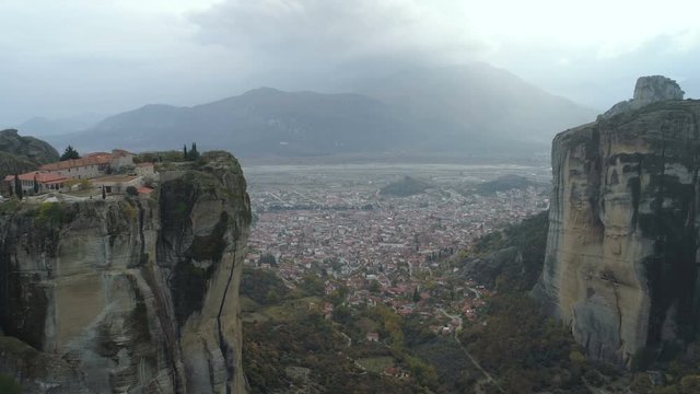Aerial view of the Meteora rocky landscape and monasteries in Greece.