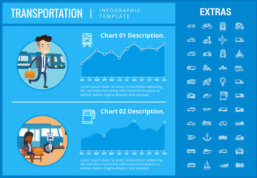 Transportation infographic template, elements and icons. Infograph includes customizable graphs, charts, line icon set with transport vehicle, truck trailer, airplane flight, car, bus, train etc.
