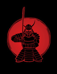 Samurai standing front view ready to fight designed on sunlight background graphic vector.