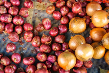 Fresh organic pile of red shallots and onions on net fabric background, selective focus, selling in local market for food ingredient concept, Thailand