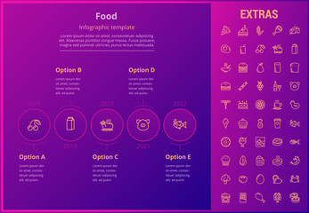 Food options infographic template, elements and icons. Infograph includes line icon set with food ingredients, restaurant meal, fruit and vegetables, sweet snacks, fast food, eat plan, cheese etc.