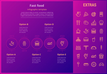 Fast food options infographic template, elements and icons. Infograph includes line icon set with fast food, pizza, sweet snacks, restaurant meal, unhealthy nutrition, kitchen utensils, taco etc.