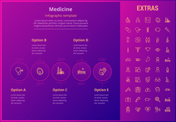 Medicine options infographic template, elements and icons. Infograph includes line icon set with medical stethoscope, disabled person, hospital doctor, first aid kit, healthcare professionals etc.