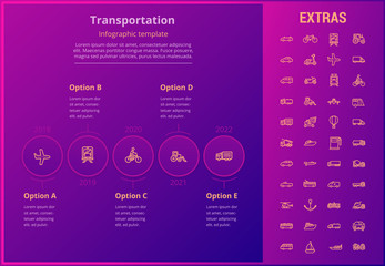 Transportation options infographic template, elements and icons. Infograph includes line icon set with transport vehicle, truck trailer, airplane flight, hot air balloon, construction vehicles etc.