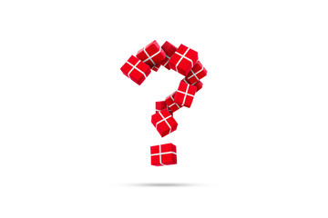 Question mark of gifts on a white background. The question of what to present for the new year. The...