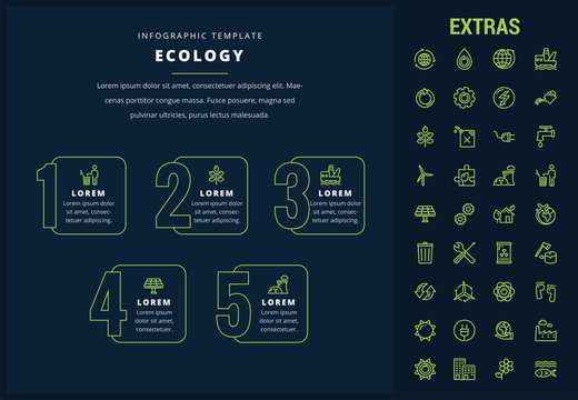 Ecology options infographic template, elements and icons. Infograph includes line icon set with resources of green energy, environmental cycle, water and sun power, oil rig, nuclear power plant etc.