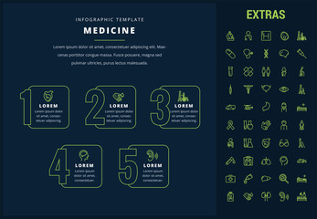 Medicine options infographic template, elements and icons. Infograph includes line icon set with medical stethoscope, disabled person, hospital doctor, first aid kit, healthcare professionals etc.