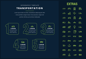 Transportation options infographic template, elements and icons. Infograph includes line icon set with transport vehicle, truck trailer, airplane flight, hot air balloon, construction vehicles etc.