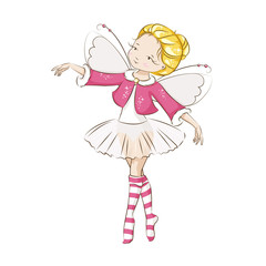 Beautiful little fairy. She's blonde. Princess dancing in a ballerina costume. She is wearing socks with a Christmas pattern  and a red cloak trimmed with fur. Vector isolated on white background.