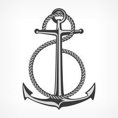 Anchor with rope, nautical symbols on white, marine. Vector