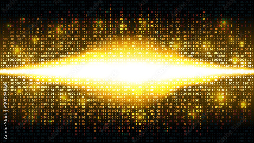 Poster golden binary abstract background with bright radiance in the digital space, glowing cloud of big da